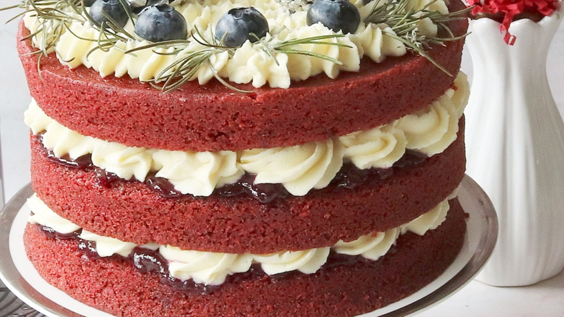 A Red Velvet Cake with Blueberries