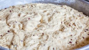 Fresh dough with nut pieces in bowl