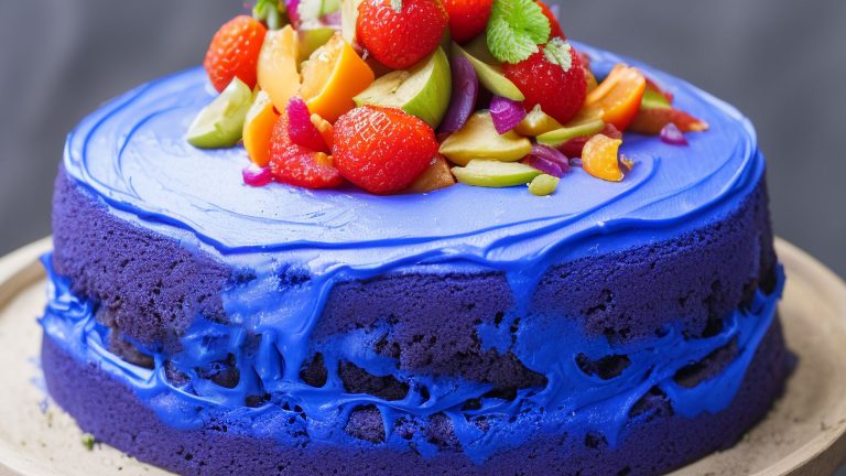 Photo of a blue cake with blue icing decorated with fruit